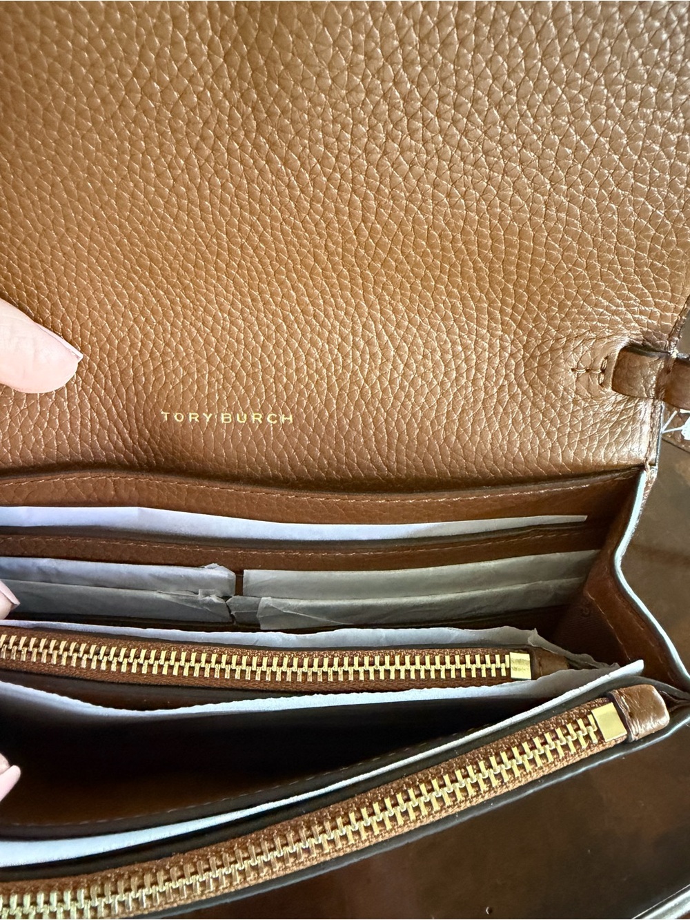 Tory Burch Brown Pebbled Leather Crossbody with Embossed Logo - Picture 3 of 8